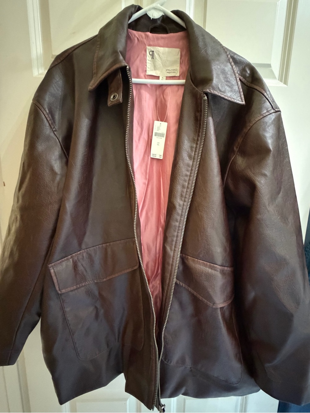 Anthropologie Pilcro Brown Leather Bomber Jacket with Pink Lining